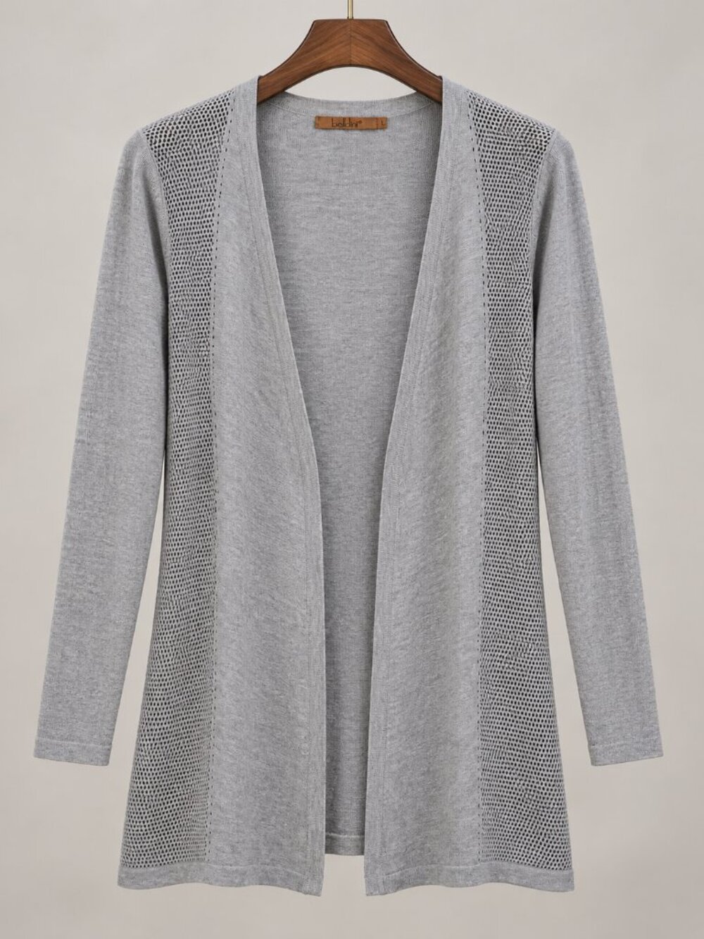 Cotton Viscose Mesh Panel Gray Open Front Cardigan L Longline Relax